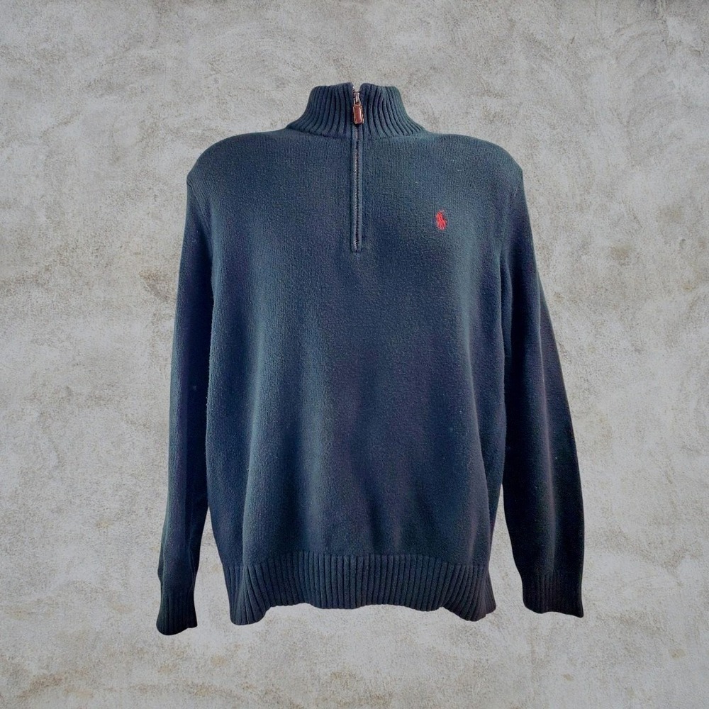 Polo Ralph Lauren Mens Black‎ 100% Cotton Quarter Zip Sweater Size L Red Horse